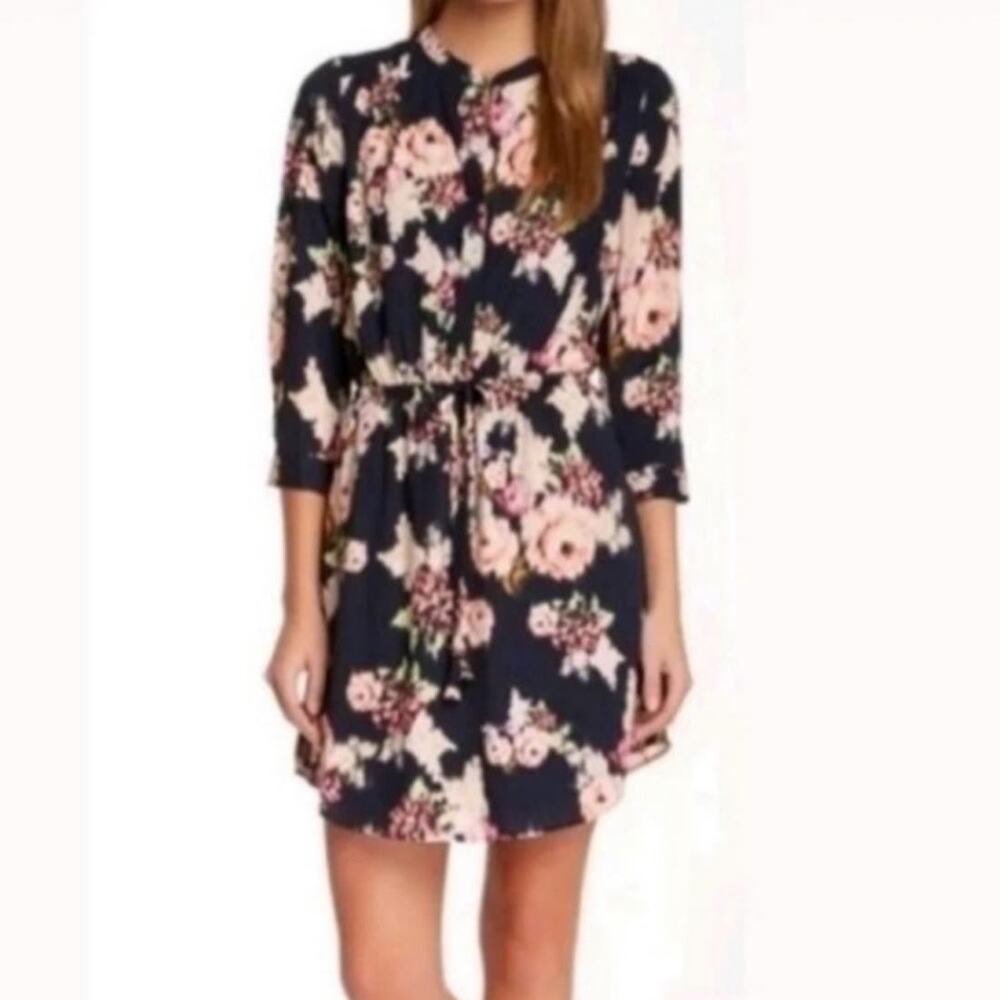 Daniel Rainn Shirt Dress S Navy blue pink floral long sleeve Classic Career NEW